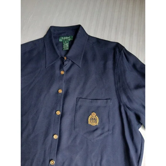 Lauren Ralph Lauren Top 14 / XL Womens Navy Silk Gold Button Crest Old Money New - Picture 3 of 13